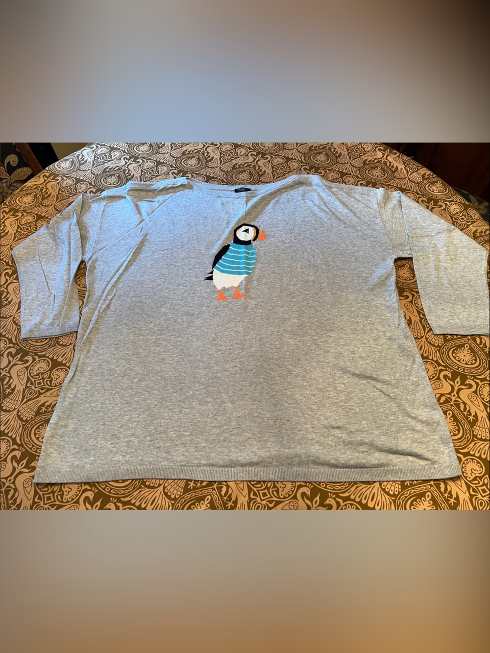Talbots Women’s 3/4 Sleeve Lightweight Heather Grey Sweater with Puffin Design